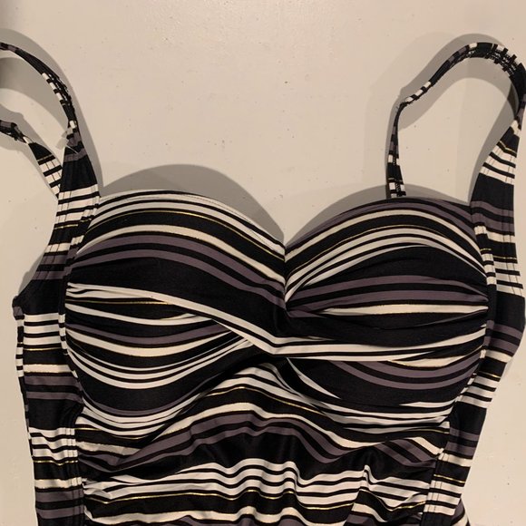 Bond-Eye One Piece Swimsuit Size 10 Womens Black White Brown Gold Stripes Ruched - Picture 3 of 6